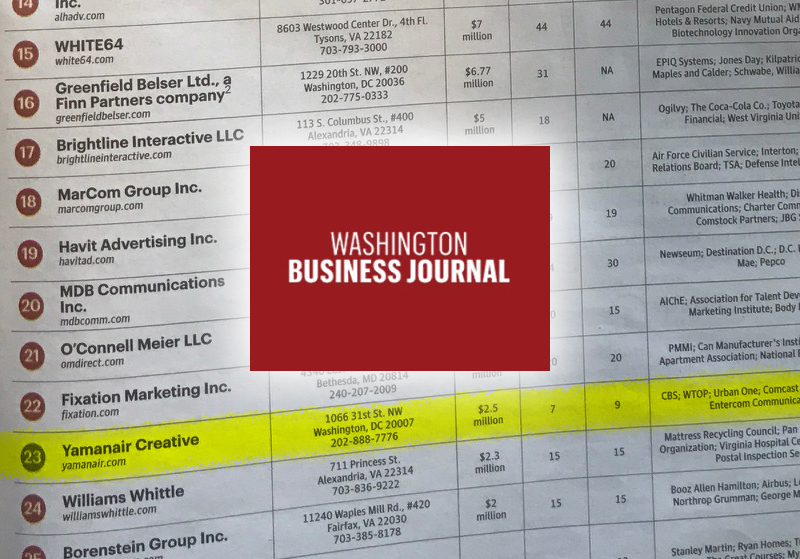 YamanAir Creative Named Top 25 Ad Agencies by Washington Business Journal